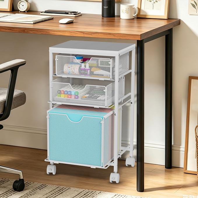 BOHDK Rolling File Cart with 3 Storage Drawers, Wood & Mesh Hanging File Folder Organizer with Wheels Under Desk, File Cabinets for Home Office, 11.81" D x 14.8" W x 25.39" H, White