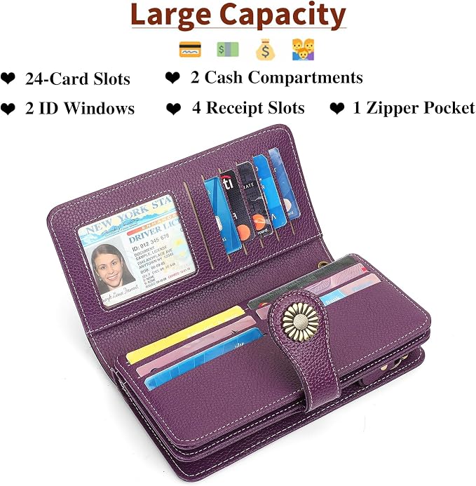 SENDEFN Wallets for Women Leather Credit Card Holder with RFID Blocking Large Capacity Wristlet | with RFID Blocking
