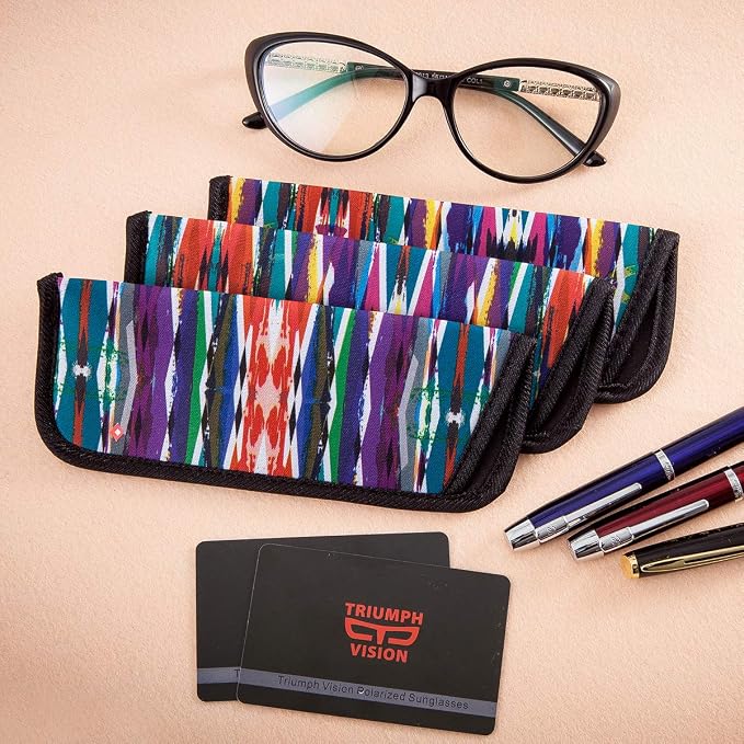 TRIUMPH VISION 3 Pack Reading Glasses Pouch Soft Case Eyeglass Sleeve Slim | Alternative to Bulky Case in bag, Lightweight Lined Padded Protect Optical lens Slip in, Cute Pattern Portable for Daily Use