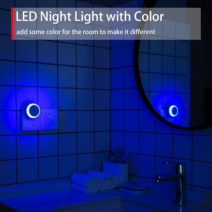 Blue LED Night Light, Plug in, Dusk to Dawn Smart Sensor, Small Round Nightlight, Energy Saving, Night light Plug into Wall for Bathroom, Kitchen, Bedroom, Hallway, Stairway, Travel, 2 Pack