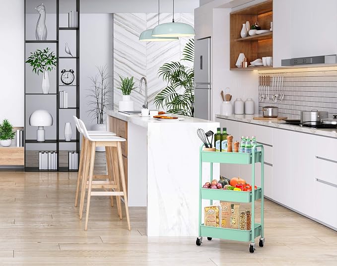 3-Tier Rolling Metal Storage Organizer - Mobile Utility Cart, Kitchen Cart with Caster Wheels (Aqua Green)