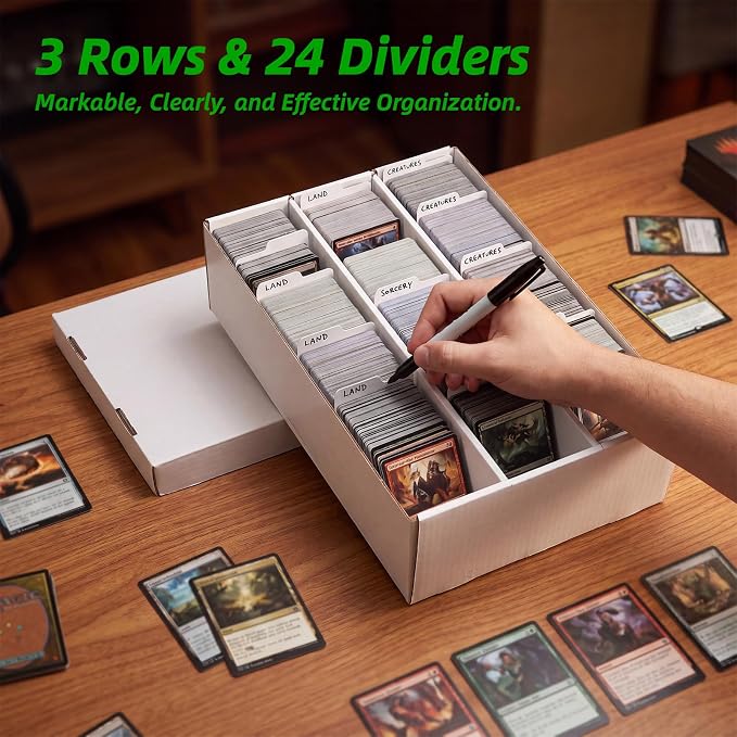 Calenzana 2400-Count Trading Cardboard Card Storage Boxes 2 Pack, 3 Row White Card Box with 24 Dividers, MTG, TCG Card Organizer