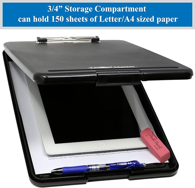 Think2Master Black Plastic Storage Clipboard. | 25% Heavier & 25% Sturdier| Heavy Duty and Won’t Flex or Bend Like Other Brands (Compare The Weight). Storage Compartment Holds 150 Letter Sized Paper.