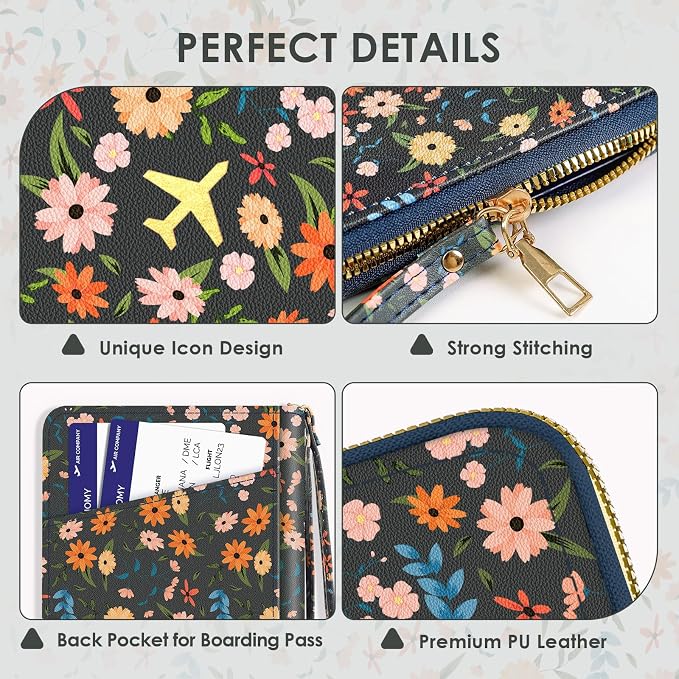 KONVINIT Black Floral Passport Holder For Travel, Passport Cover For Women | Leather RFID Blocking Passport Holder, Cute Passport Wallet with Zipper Closure, Passport Case for Women and Men