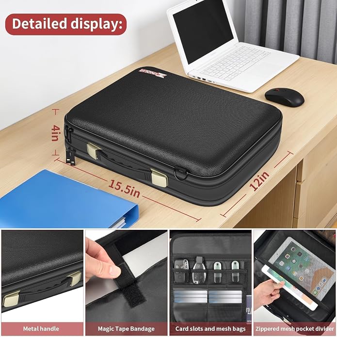 3200℉ Fireproof Briefcase 15.6in Laptop, Legal Size Organizer Filer | Includes13-pocket accordion folder,UL-94 VTM-0 Certified 6-layer,Waterproof Sealed Zippers,Dual-compartment,Bags Only