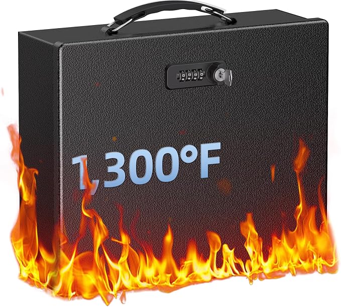 Uniclife Fireproof Document Box with Combination & Key Lock | Water Resistant, Large Metal Lock Box for A4 Paper, Portable Document Safe for Valuables Passports, 13" x 10.9" x 4.1"