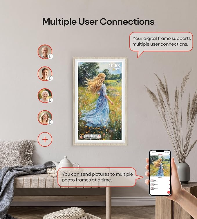 64GB Frameo 15.6" Digital Picture Frame Large 1920 x 1080 IPS FHD Touch Screen WiFi Electronic Photo Frames Share Moments Instantly Anywhere Best Gifts for Parents and Grandparents White Wood