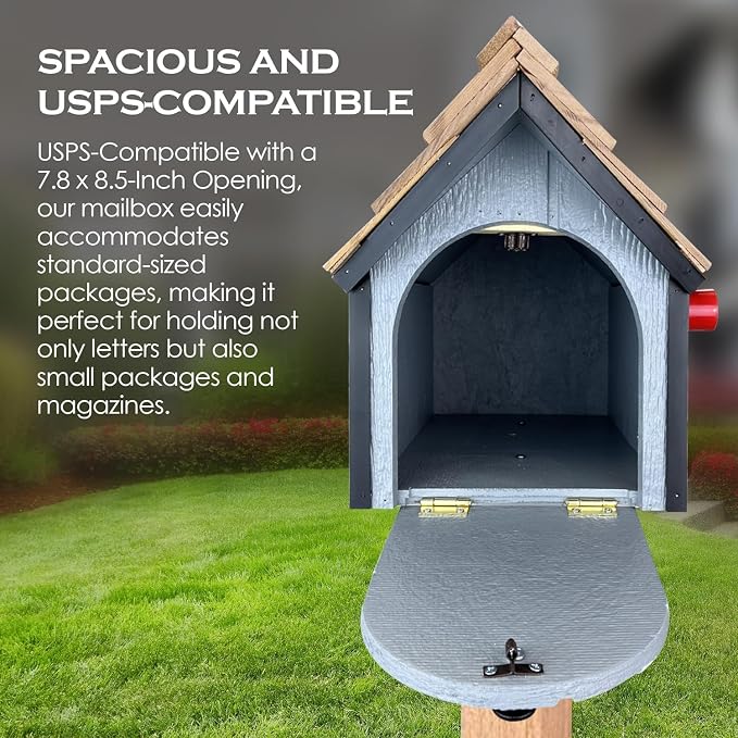 Peaceful Classics Amish Cedar Roof Wooden Mailbox with Window & Door Trim, Handcrafted Mailboxes for Outside, Post Mount Residential Mailboxes - (Clay & Brown, Wood)