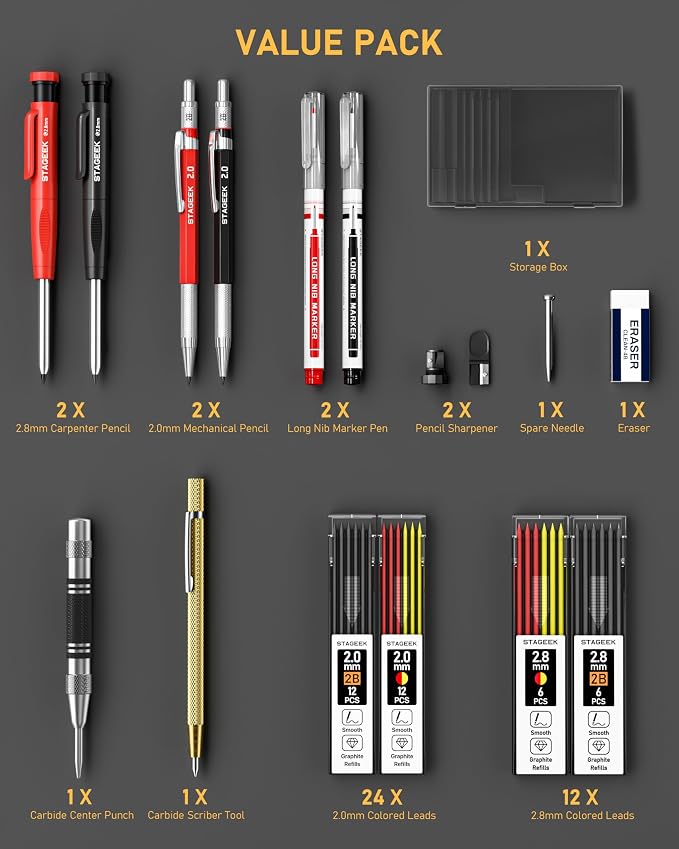 STAGEEK 17 Pack Carpenter Pencil Set with Sharpener | Construction Pencil Set with Deep Hole Long-Nib Markers , Woodworking Tool & Carpenter Pencils for Architect, DIY with Case