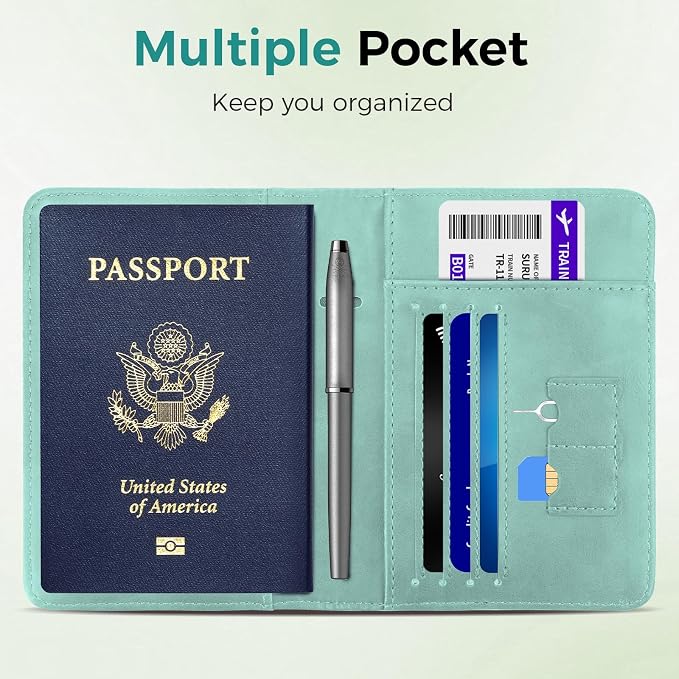 Passport Holder Travel Women Men, Passport Wallet with Airtag Slot, Blue | RFID Blocking PU Leather Passport Holder Cover Case with Card Holder, Pen Slot