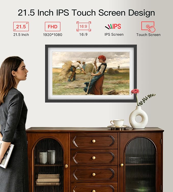 BIGASUO 21.5" Large Digital Picture Frame 64GB, Frameo Digital Photo Frames WiFi with 1920x1080 FHD IPS Touch Screen, Share Photos/Videos Via Frameo App/USB/SD, Photo Gifts for Parent and Grandparent