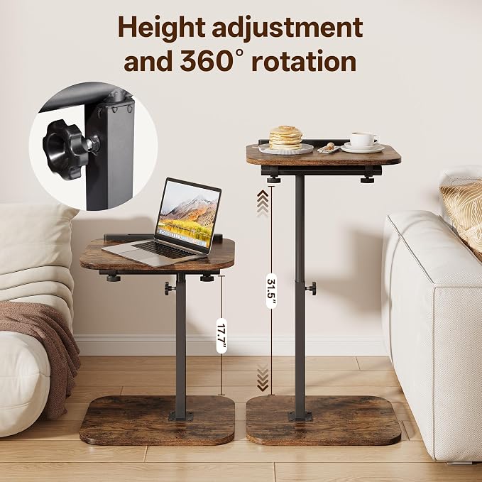 TV Tray Table, Sofa Side Armrest Tray, C Shaped End Table | Adjustable Height, Flip-Top, Snack Side Table with 360° Swivel and 180° Tilt, for Couch, Small Spaces, Bed, Chair, Brown