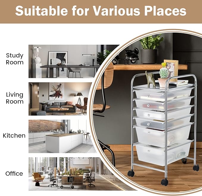 COSTWAY 6-Drawer Rolling Storage Cart, Art Craft Tools Organizer on Wheels | Multifunctional Heavy Duty Utility Mobile Storage Trolley w/ 2 Lockable Wheels for Home Office School (Clear)