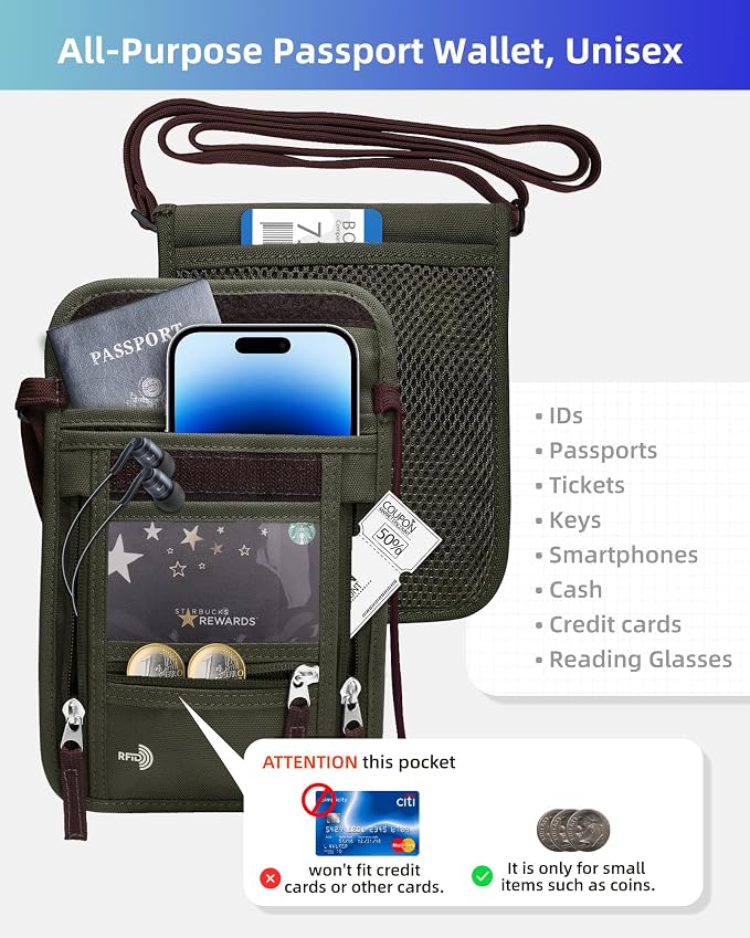 WALNEW Passport Holder Neck Pouch Travel Wallet for Women and Men, RFID Blocking Security Slim Traveling Wallet with Around Neck Lanyard Strap, Army Green | Around Neck Lanyard Strap, Travel Safety Anti Theft Bag, Neck Wallet for Traveling Women Men