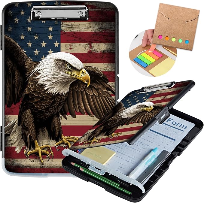 Clipboard with Storage,Heavy Duty Plastic Storage Clipboard with Low Profile Clip,Teacher Must Haves,Office Supplies,American Flag Owls