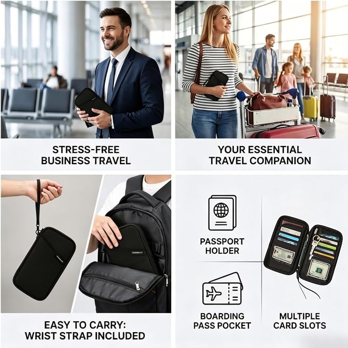 Travel Passport Holder, Water Resistant Travel Document Organizer for Family, Portable Passport Case with Wrist Strap for Travel, Vacation, Business Trip