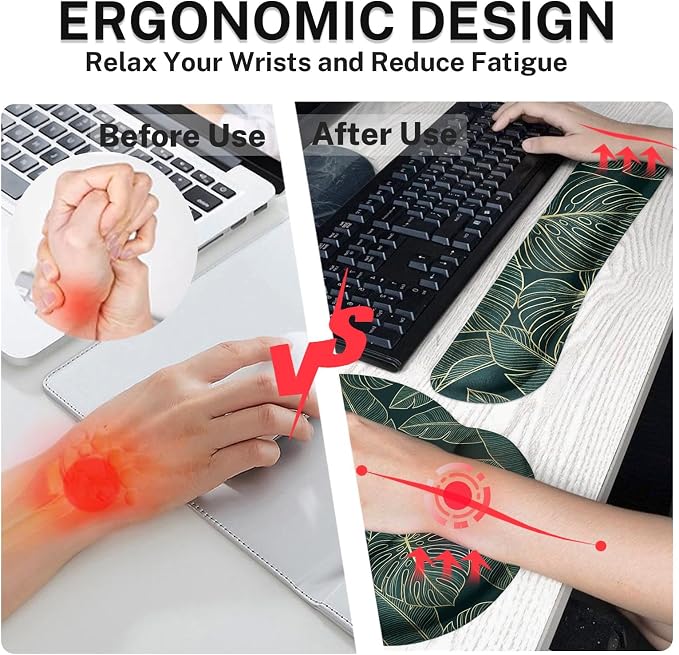 Ergonomic Mouse Pad Set with Wrist Rest, Green Palm Leaves | Tropical Botanical Non-Slip Rubber Base Wrist Cushion Support and Coasters Mousepad with Wrist Support for Computer Keyboard