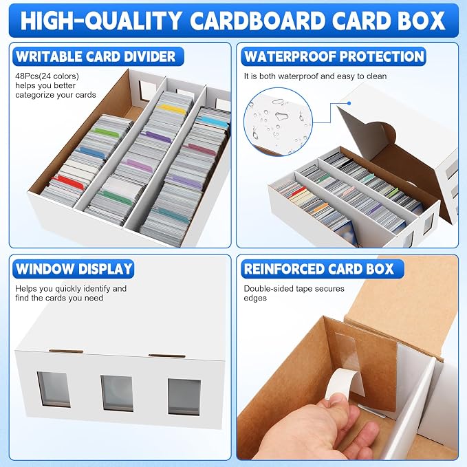 6 Pack Trading Card Storage Box, 14000+ Count Card Storage Box with 48 Card Divider White Sports Card Storage Box Cardboard Card Organizer Box Bulk Card Case Trading Card Box for Sports Card Collector
