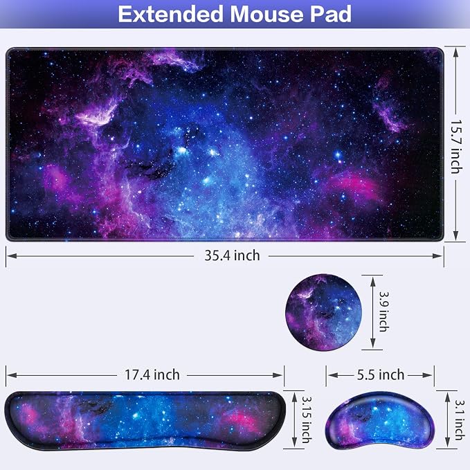 Mouse Pad Galaxy with Wrist Rest, 4-in-1 Large Mousepad Keyboard | Wrist Rest+Mouse Pad Wrist Support+Cup Pad Set,Ergonomic Mouse Pad,Memory Foam Desk Mat for Office Gaming(35.4×15.7in)