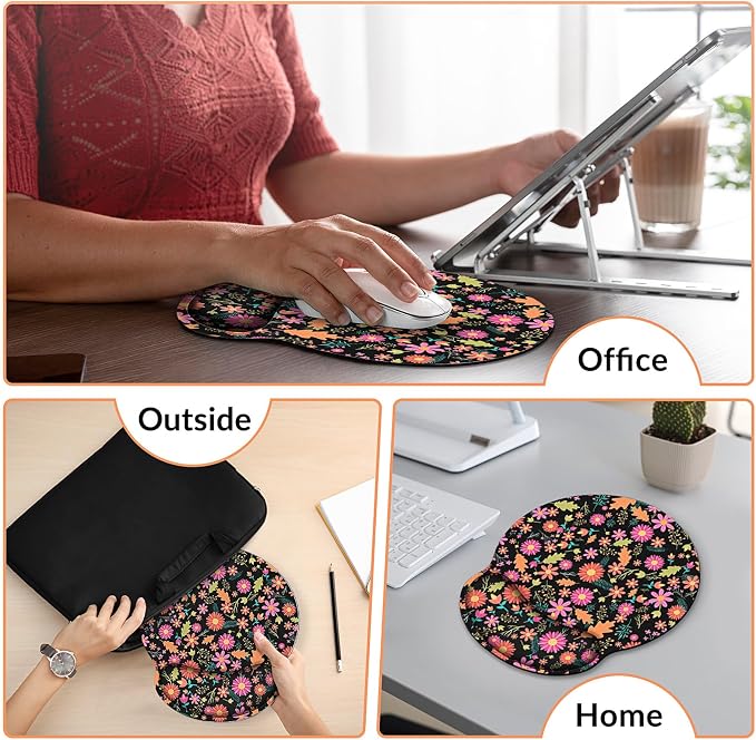 KONVINIT Ergonomic Mouse Pad with Wrist Rest, Small Mousepad with Non-Slip Rubber Base and Smooth Surface, Black Flowers Mouse Pads for Desk, Office Desk Accessories