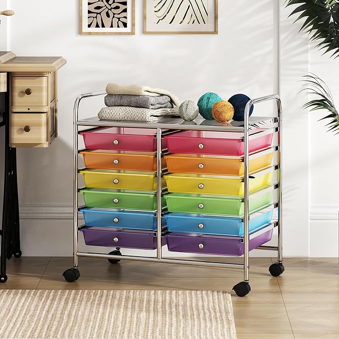 RELAX4LIFE 12-Drawer Rolling Storage Cart - Mobile Utility Cart on Wheels for School Classroom Teacher Office Salon, Paper File Art Supply Craft Organizer, Rolling Cart with Drawers (Rainbow)