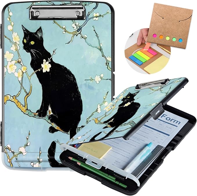 Clipboard with Storage,Storage Clipboard with Pen Holder,Heavy Duty Plastic Storage Clipboard with Low Profile Clip,Teacher Must Haves,Clipboard Folder,Office Supplies,Black Cat and Flowers