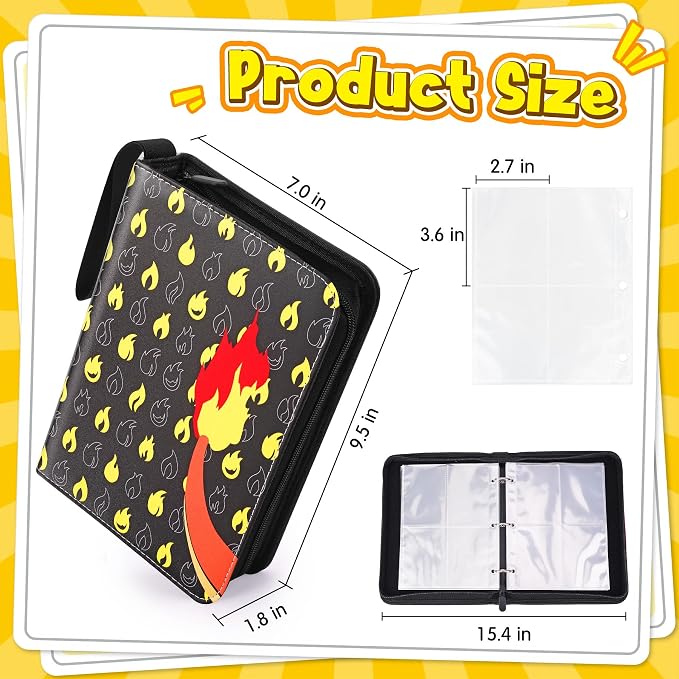 Card Binder – 4 Pocket Zipper Collection Album, Premium PU Holder, Double-Sided Display for 400 Cards, Includes 5 Hard Plastic Sleeves for Game Cards, Sports Cards(Fire)