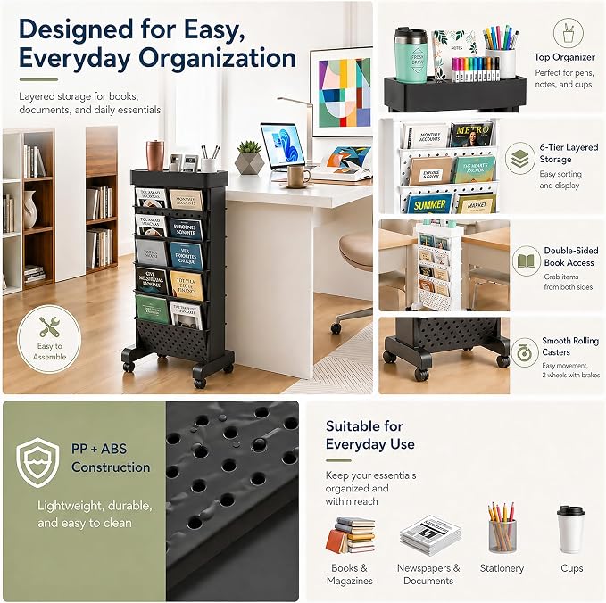 BYFU 6-Tier Rolling Bookshelf Cart, Black | Movable with Wheels, File Paper Storage Organizer, For Home Office Study Classroom
