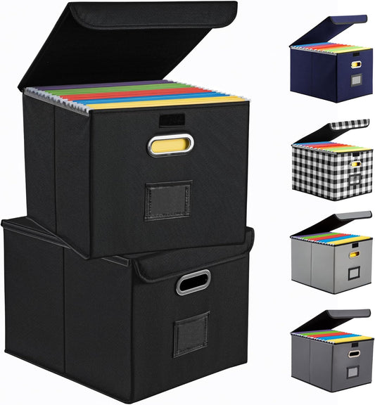 File Organizer Box, Linen Filing Organizer with Lid, Large Desktop File Boxes, Black,2 Pack