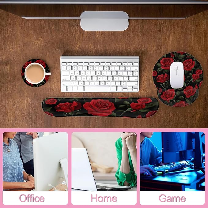 Vintage Red Rose Ergonomic Wrist Support Keyboard Mouse Wrist Rest Set, Computer Office Comfortable Wrist Rest for Mouse Easy Typing