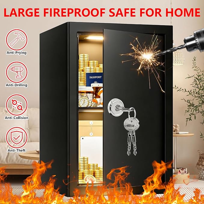 2.6 Cubic Feet Fireproof Safe Box with Key Lock, Hidden Steel Security Box with Removable Shelf for Cash, Documents and Passports, Personal Safes for Home/Office, 13.78" W x 12.99" D x 16.54" H