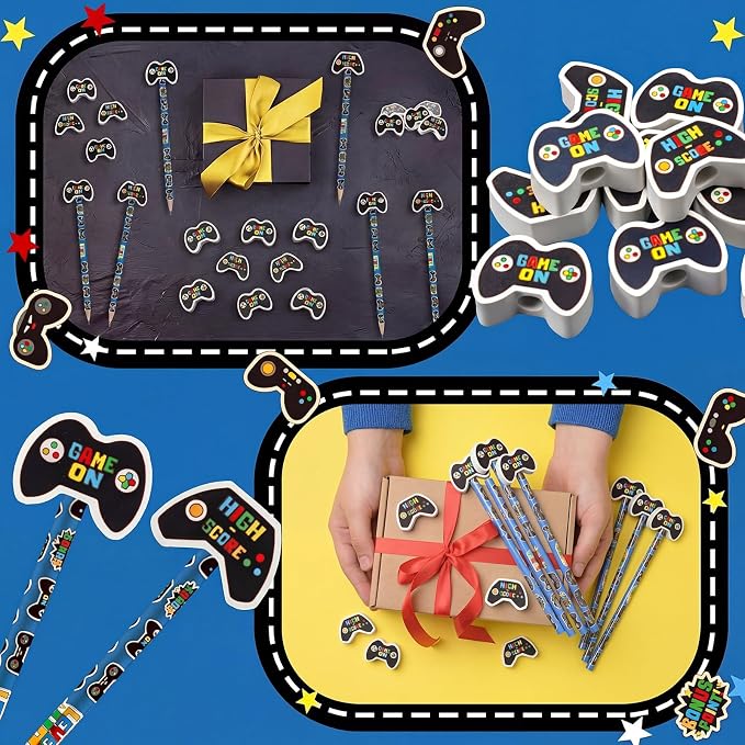 32 Pcs Video Game Themed Pencil with Eraser Video Game Party Favors Gaming Controller Stationery Supplies for School Classroom Exchange Gift Reward Prizes Adventure Vbs Party Supplies