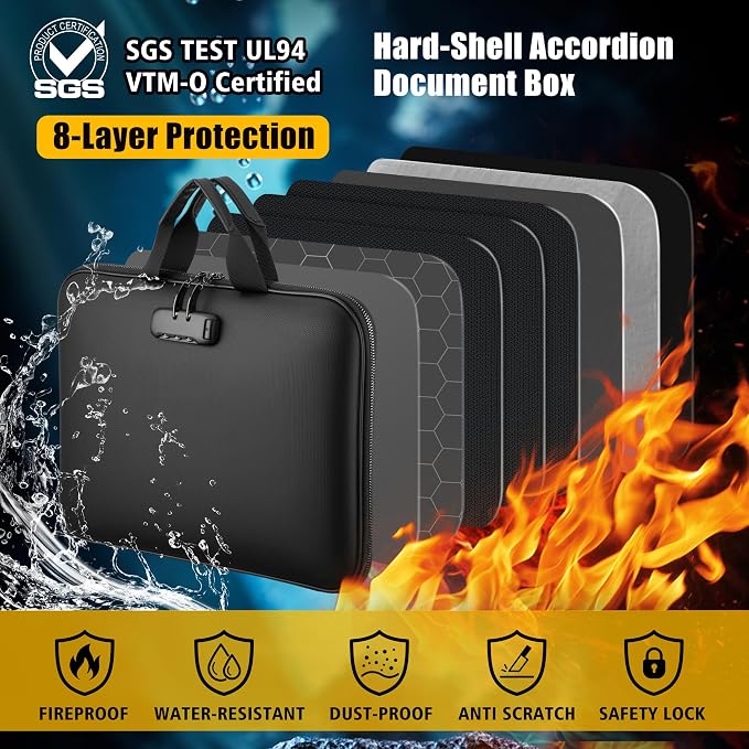 facka Fireproof Document Box with Lock, Hard-Shell Safe File Organizer | 13-Pocket Accordion Folder for Important & Legal Documents, Laptop, Passport, Cards & Valuables, Home Office Travel Black