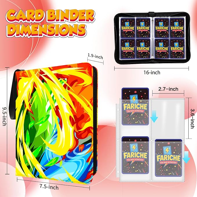 Trading Card Binder for TCG Cards, 4-Pocket Portable Card Collector Ablum Holder Book Fits 400 Cards with 50 Removable Sleeve, Waterproof BKM Card Binder Display Storage Carrying Cases for TCG-Storm