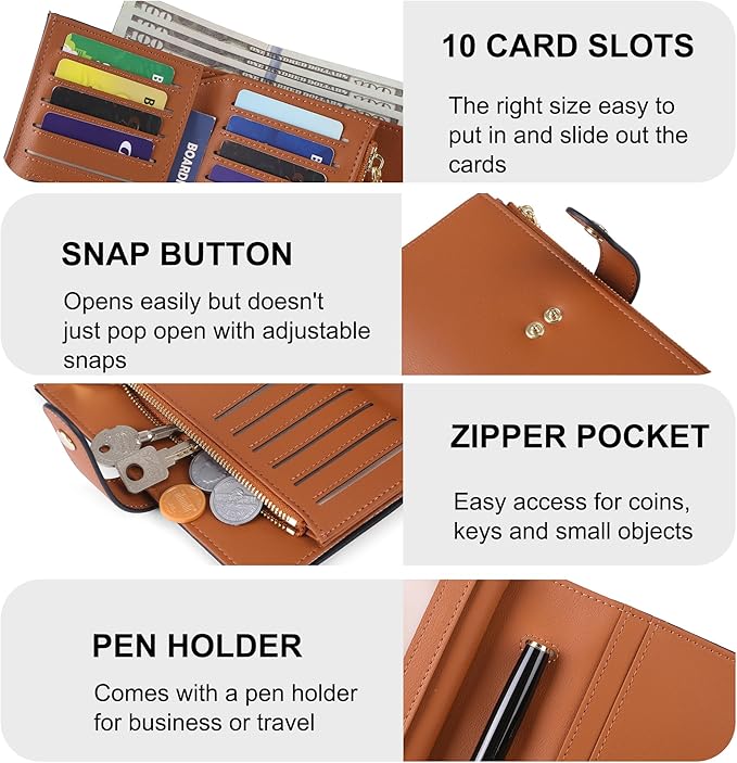 Wallet Women RFID Blocking Multi Cards Wallet Credit Card Holder for Women Large Capacity Lady Leather Trifold Travel Wallet with Passport/Pen Holder