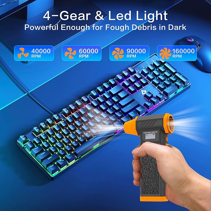 Electric Air Duster-Compressed Air Duster with 2 Removable Battery 160000RPM, 4-Gear Adjustable Cordless Mini Blower, Reverse Charging & Rechargeable Dust Blower for PC Keyboard Car Outdoor or House