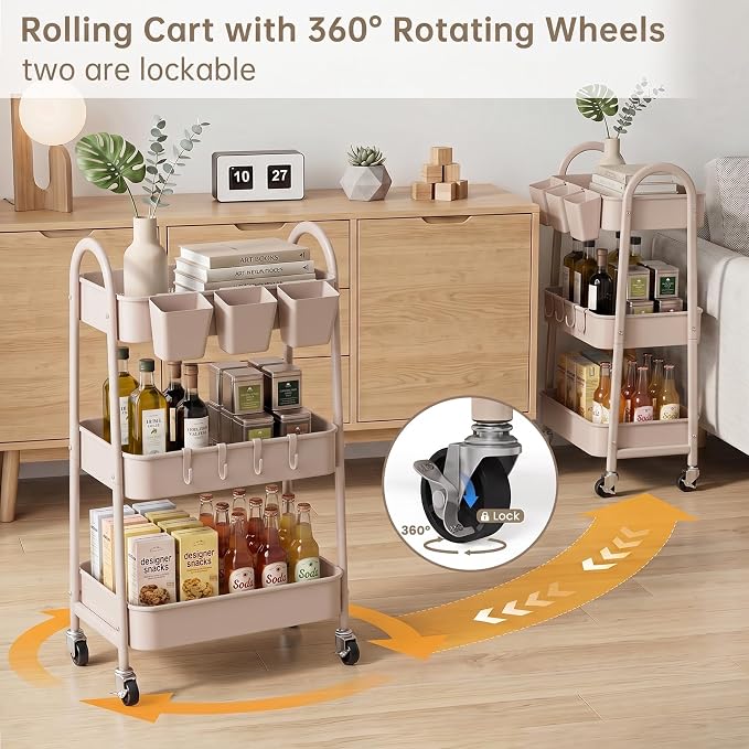 3-Tier Rolling Cart, Utility Cart Mobile Metal Rolling Storage Cart with Lockable Wheels & Hanging Cups & Hooks for Kitchen, Bathroom, Office, Workshop, Beige