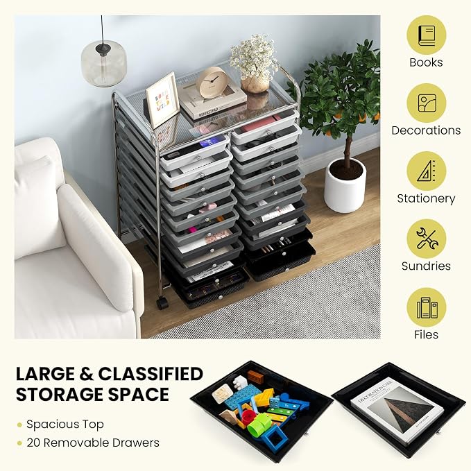 COSTWAY 20-Drawer Rolling Storage Cart, Utility Storage Organizer Cart | For Tools, Scrapbook, Paper, Craft, Multipurpose Storage Trolley on Wheels for Home Office School (Mixed Black)