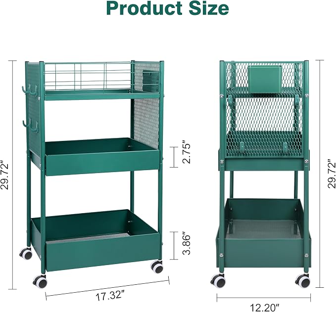 3 Tier Rolling Storage Cart Metal Utility Cart with Wheels | Office Organizer with Hooks & Hanging Cups, Mobile Shelving Unit for Kitchen Nursery Craft Snack Book