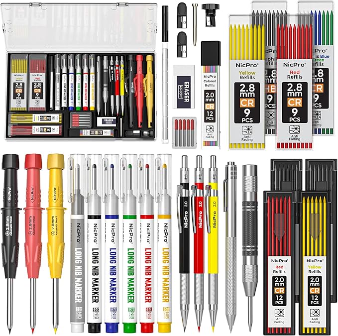Nicpro 36PCS CP3000 Mechanical Carpenter Pencil Set with Sharpener & Sheath | 85 Refills, 6PCS Long Nib Marker, Center Punch, Carbide Scribe Tool, Heavy Duty Construction Pencil for Architect Woodworking