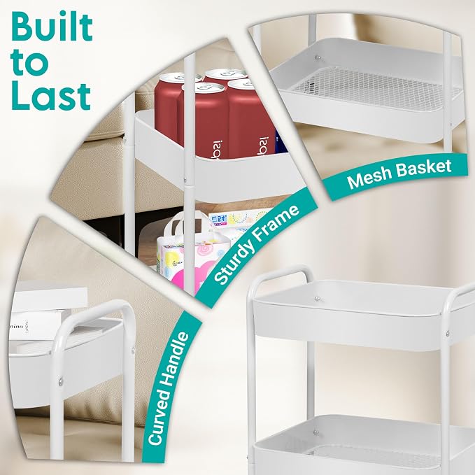 ZOES HOMEWARE 3 Tier Metal Rolling Cart on Wheels,Heavy Duty Utility Cart | Sturdy 3 Tiered Rolling Storage Cart With Hooks, Great For Craft, Art Workspace, Kitchen ,Snack And Office Storage, White