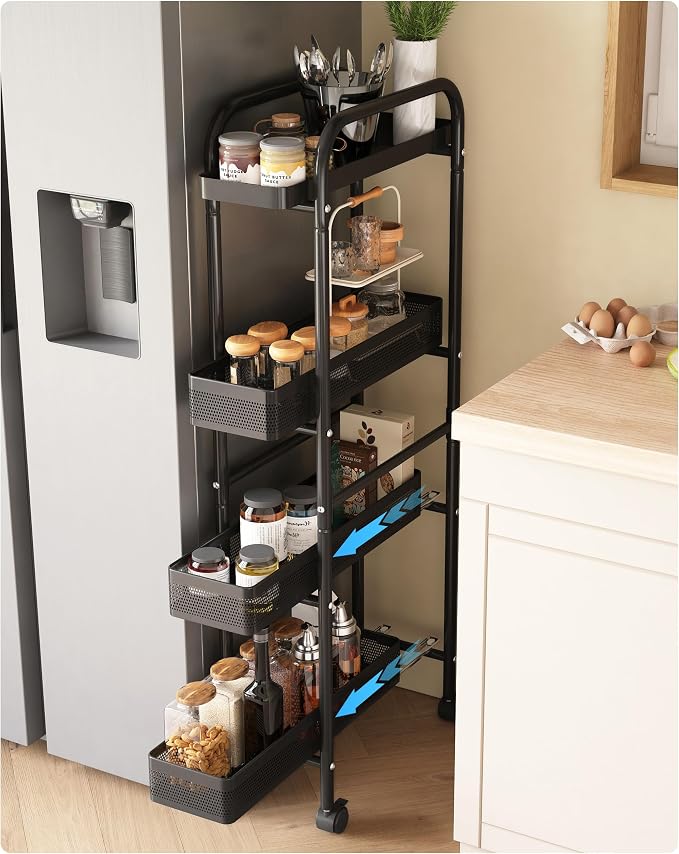 UMDONX 4-Tier Narrow Mobile Storage Cart with Pull-Out Baskets | The Multifunctional Pull-out Storage Rack Is Suitable for Bathrooms, Kitchens, and Laundry Rooms