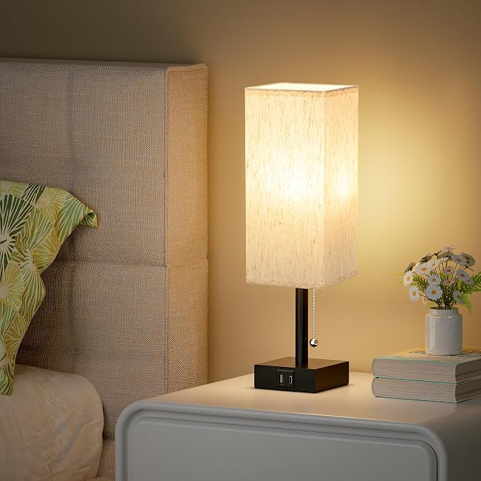 aooshine Pull Chain Small Table Lamp - 3 Color Temperature Bedside Lamp for Bedroom with USB Port, Minimalist Nightstand Lamp with Black Base, Desk Lamp for Kids Room Dorm, Bulb Included | Pull Chain Switch, LED Bulb Included, Cream Fabric Shade, 14.7"...
