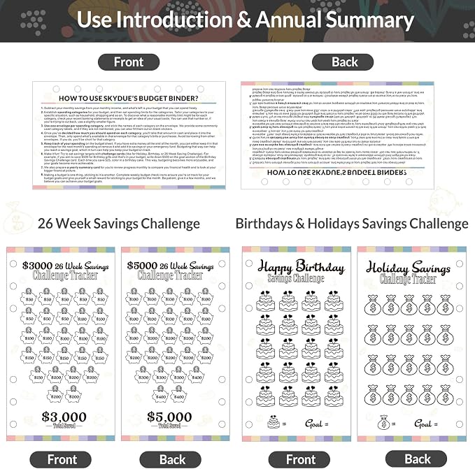 SKYDUE Budget Binder with 8Pcs Cash Envelopes, 12Pcs Expense Budget Sheets, 2Pcs Challenge Trackers, and Category Labels - Budget Binder & Challenges Book Combo for Saving Money