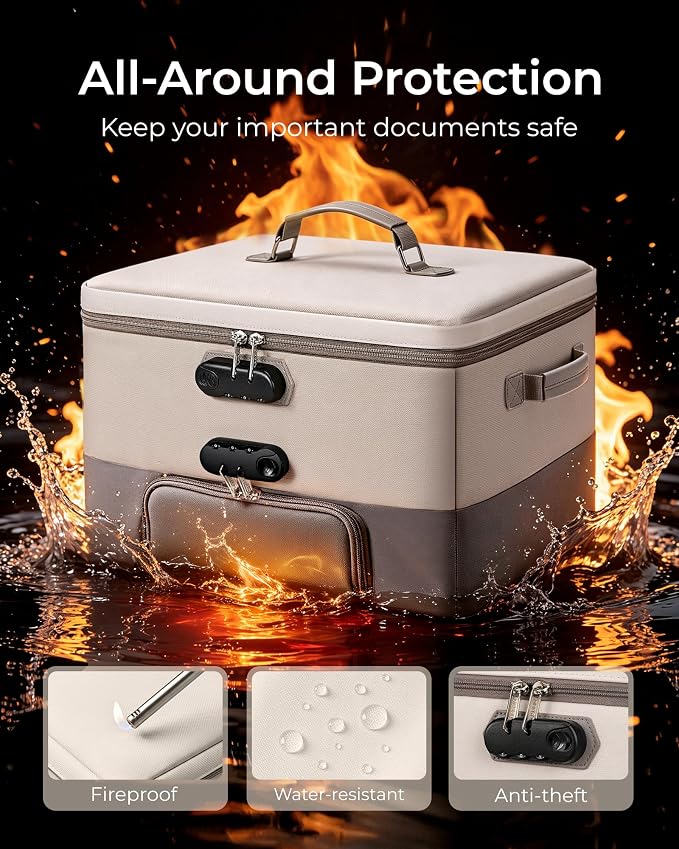 Fireproof Document Box with 2 Locks, 10 Hanging File Folders | Large-Capacity Family Filing System for Organizing Estate Planning, Emergency Preparedness and Home Office Important Document