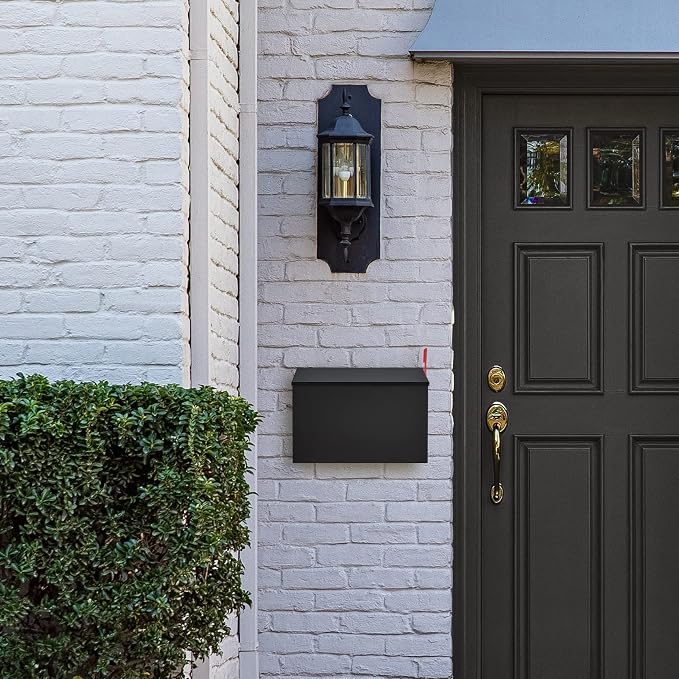 LAND·VOI Wall-Mount Mailbox with One Flag Kit and Three Sets of 0-9 Mailbox Number Stickers, Mailboxes for Outside, Galvanized Steel Rust-Proof Metal Post Box, 4.33" Dx14.2 Wx10.43 H, Black