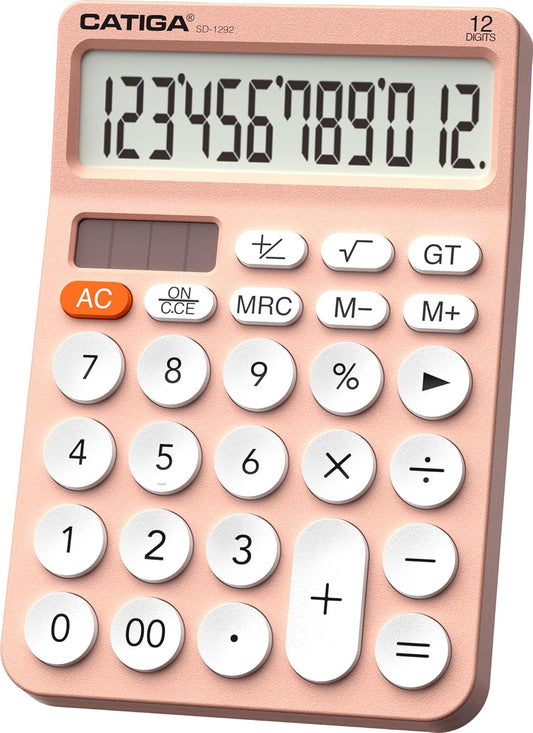 CATIGA 12 Digit Desktop Calculator Basic Desk Calculator with Large LCD Display, Big Buttons, 4 Function, Solar and Battery Dual Power, for Office, School, Home, SD-1292 Pink