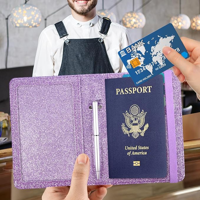 ACdream Unisex Faux Leather Passport and Vaccine Card Holder, Glitter Purple, RFID Blocking, Protects Valuable Information