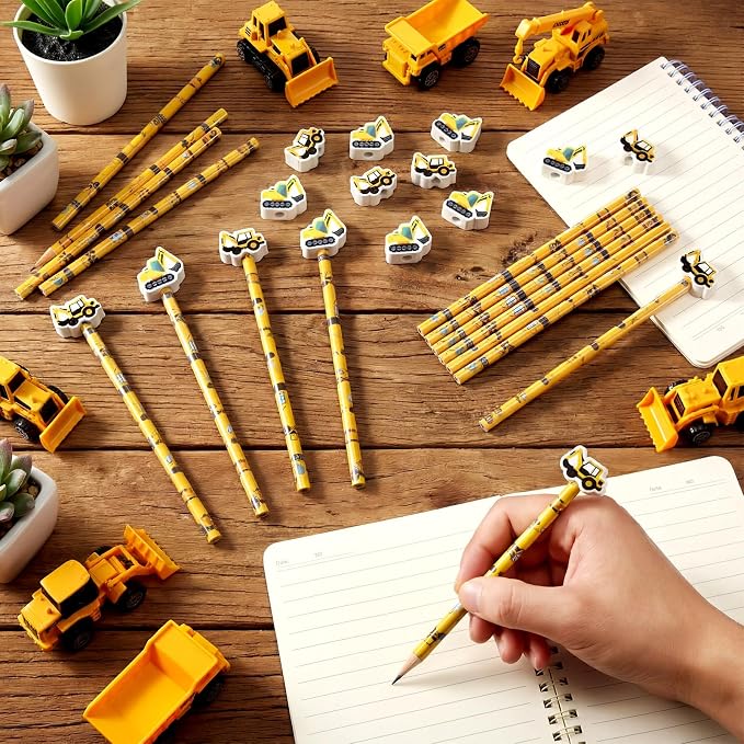 32 Pcs Construction Pencil with Eraser Excavator Truck Construction Party Favors Stationery Supplies for School Classroom Exchange Gift Reward Prizes Theme Birthday Party Supplies
