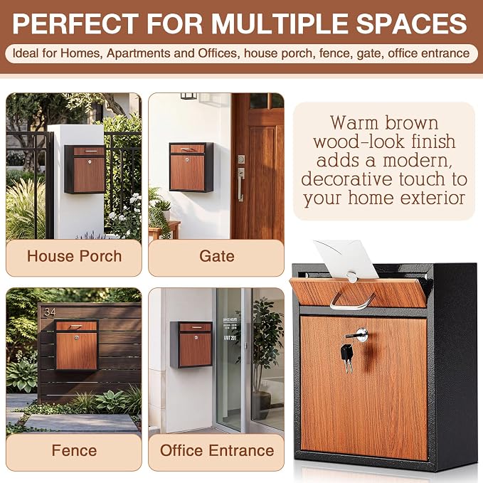 Yaocom Locking Mailbox with Key for Outdoor 12 x 10.5 x 4.7 Inches Large Wall Mount Mail Box with Lock Security Mail Drop Metal Collection Boxes Hanging Secure Postbox(Wooden)